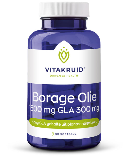 Vitakruid Borage Oil softgels with 1500mg GLA from plant source, 60 softgels in a herbal supplement container.