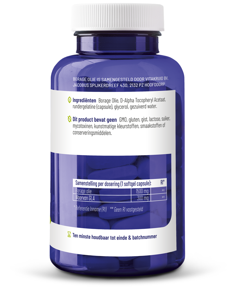 Vitakruid Borage Oil softgels with 1500mg GLA from plant source, 60 capsules, herbal supplement for skin and health.
