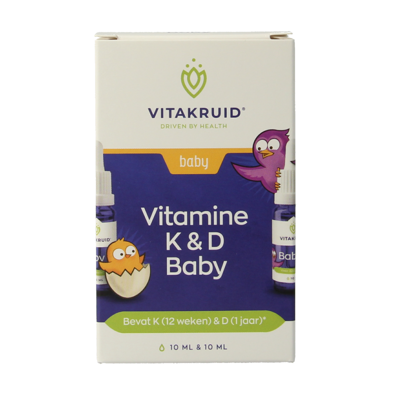 Vitakruid Vitamine K & D baby druppels in 10ml bottle, multi-vitamin supplement for infants, clear liquid drops.