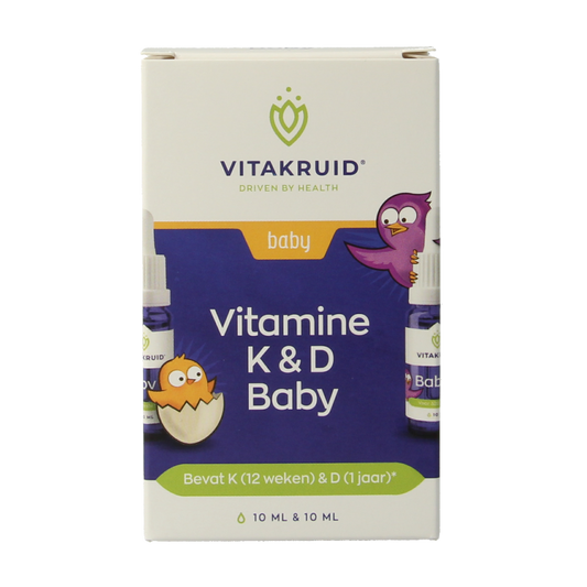 Vitakruid Vitamine K & D baby druppels in 10ml bottle, multi-vitamin supplement for infants, clear liquid drops.