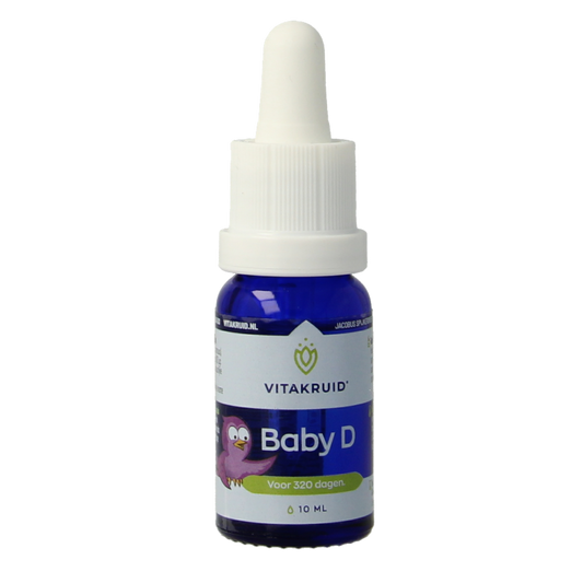 Vitakruid Vitamine D baby druppels in 10ml bottle, natural supplement for infants with easy-to-use dropper