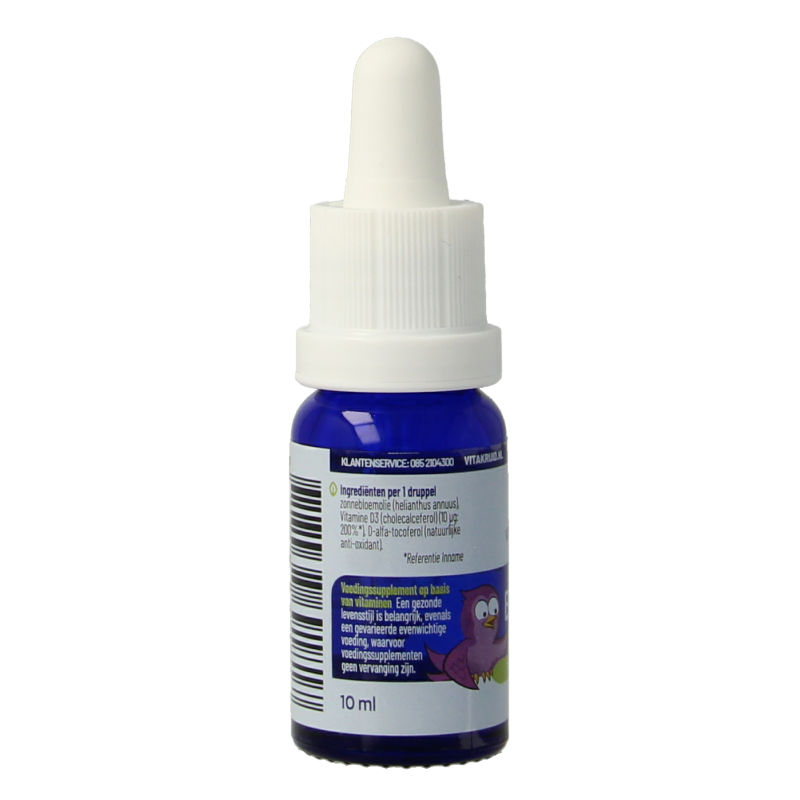 Vitakruid Vitamine D baby drops in 10ml bottle, natural supplement for infants, with dropper for easy administration.