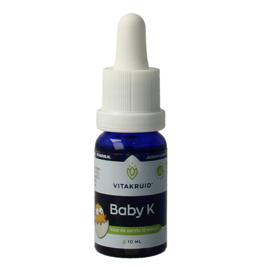 Vitakruid Vitamine K baby drops 10ml bottle showing label and dropper for infant vitamin supplement.