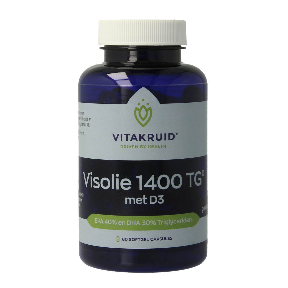 Vitakruid Visolie 1400 TG triglycerides with D3 softgels, dietary omega-3 fish oil supplement in a bottle.