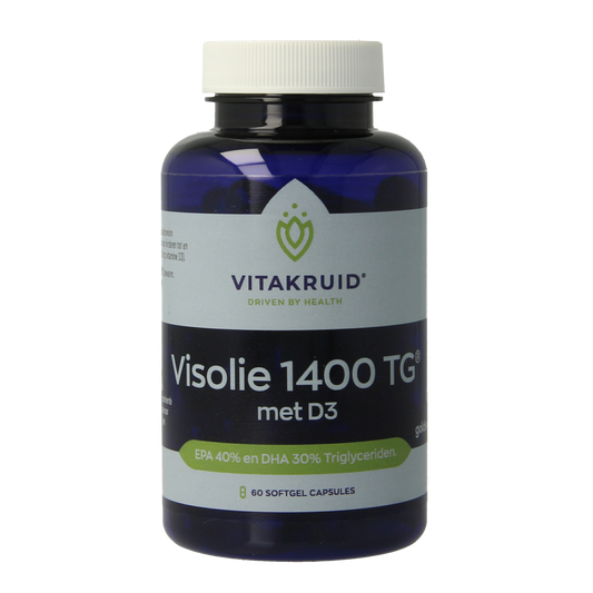Vitakruid Visolie 1400 TG triglycerides with D3 softgels, dietary omega-3 fish oil supplement in a bottle.