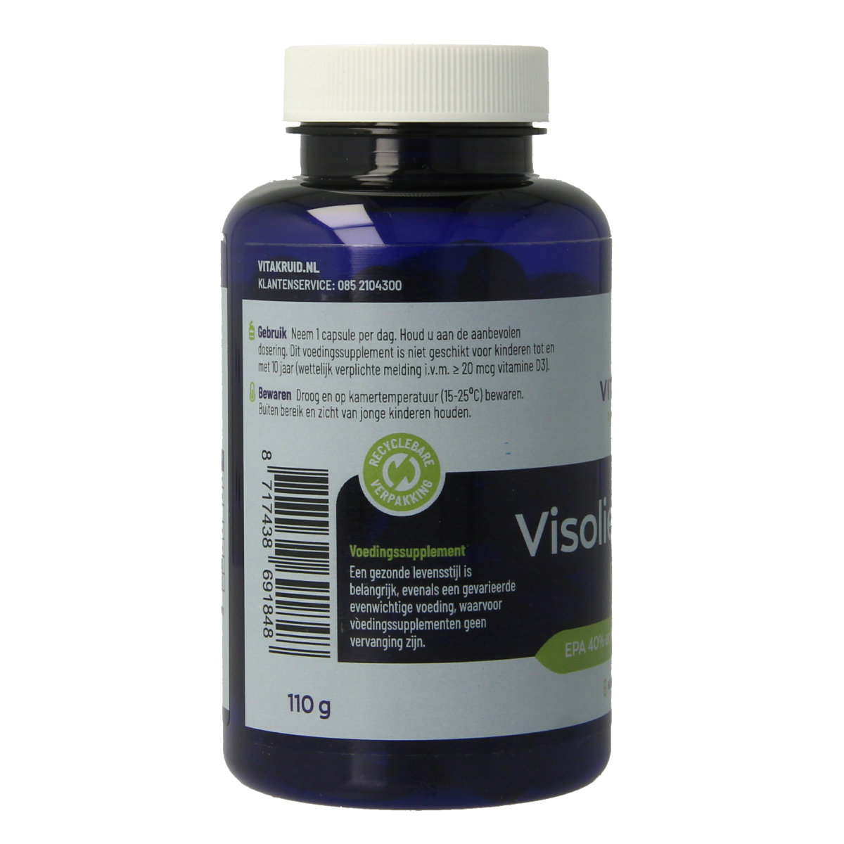 Vitakruid Visolie 1400 TG triglycerides with D3 softgels, dietary omega-3 fish oil supplement in a bottle.