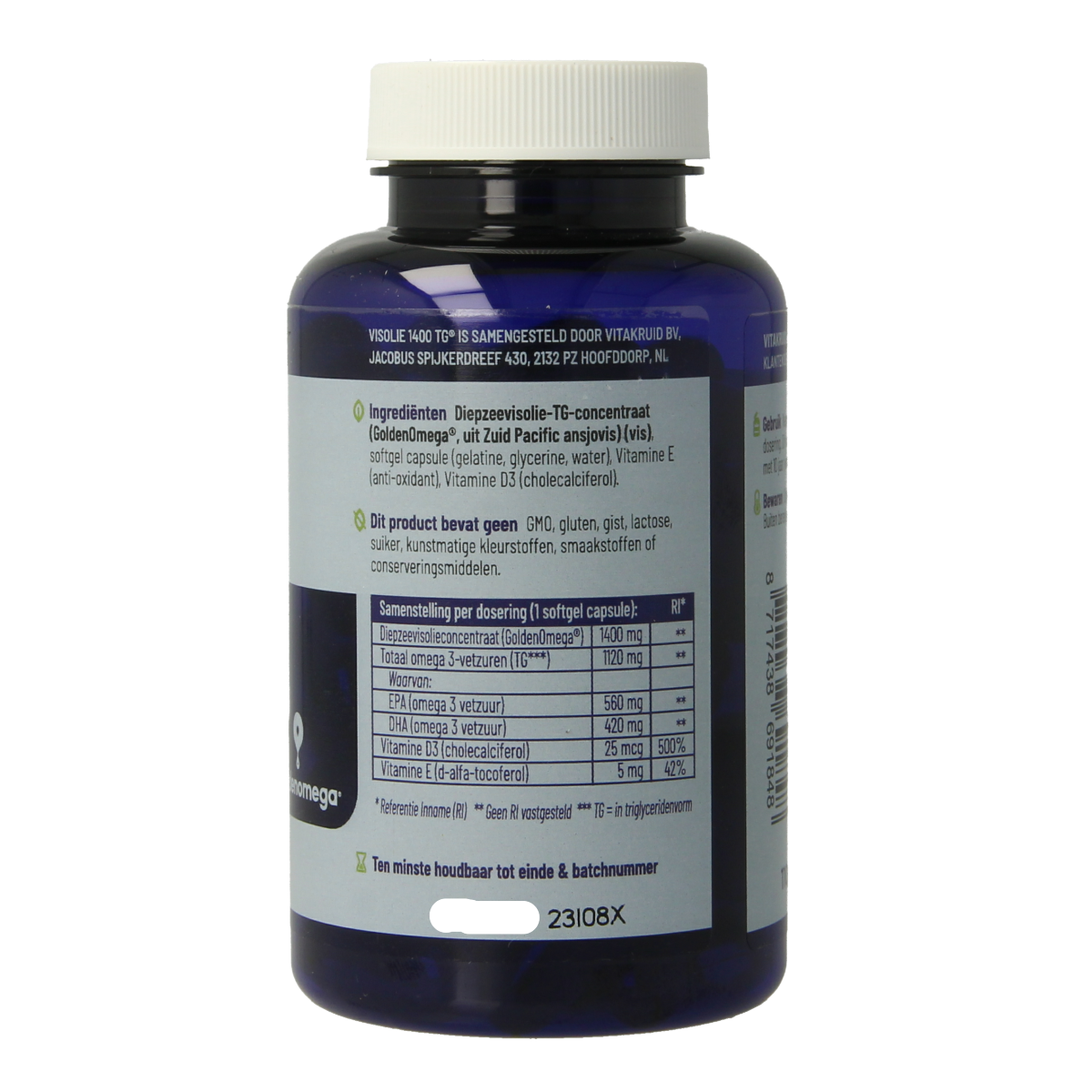 Vitakruid Visolie 1400 TG triglycerides with D3 softgels, omega-3 fatty acids supplement in a white bottle with softgel capsules