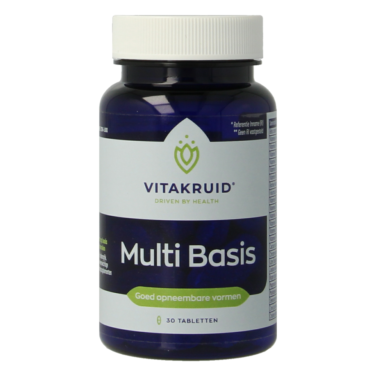 Vitakruid Multi Basis natural-shaped vitamin and mineral tablets in a bottle, dietary supplement for daily health support.