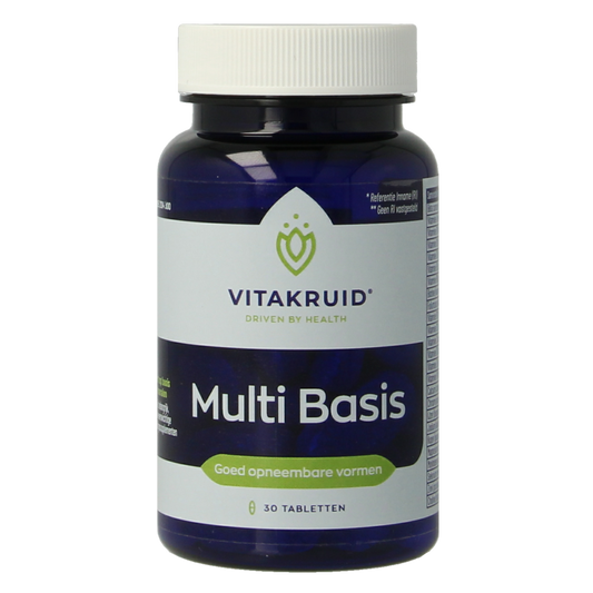 Vitakruid Multi Basis natural-shaped vitamin and mineral tablets in a bottle, dietary supplement for daily health support.