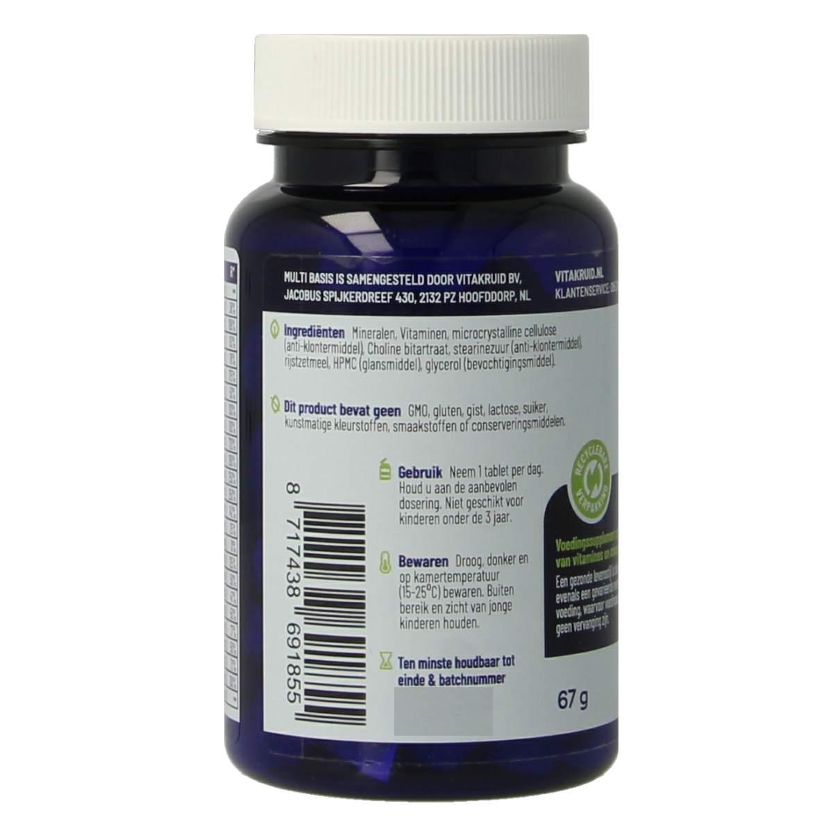 Vitakruid Multi Basis natural vitamin supplement in a bottle of 30 tablets, showing colorful round tablets on the label.