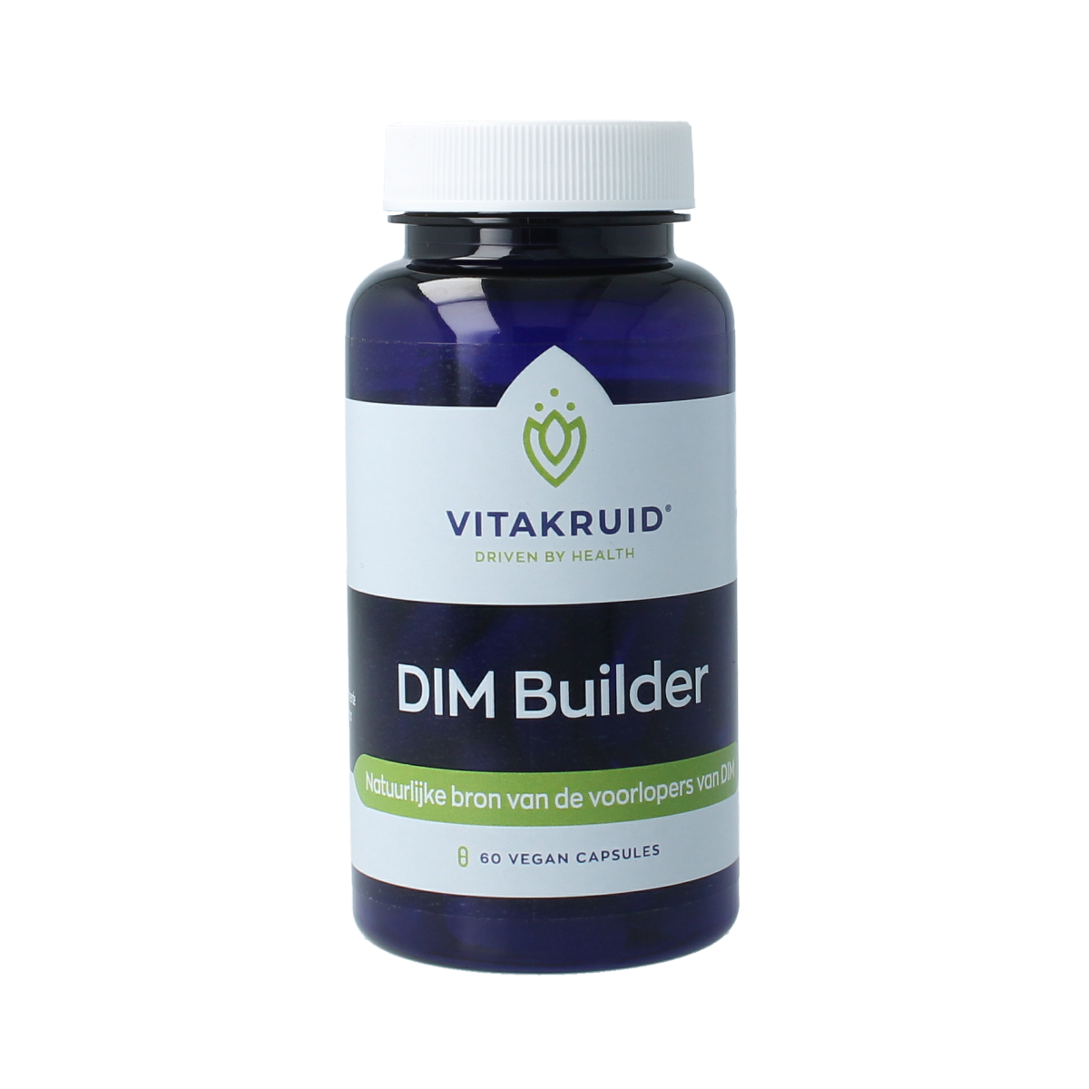 Vegetarische capsules van Vitakruid DIM Builder, een kruidenpreparaat in een transparant pot met capsules zichtbaar.