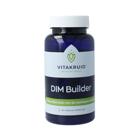 Vegetarische capsules van Vitakruid DIM Builder, een kruidenpreparaat in een transparant pot met capsules zichtbaar.