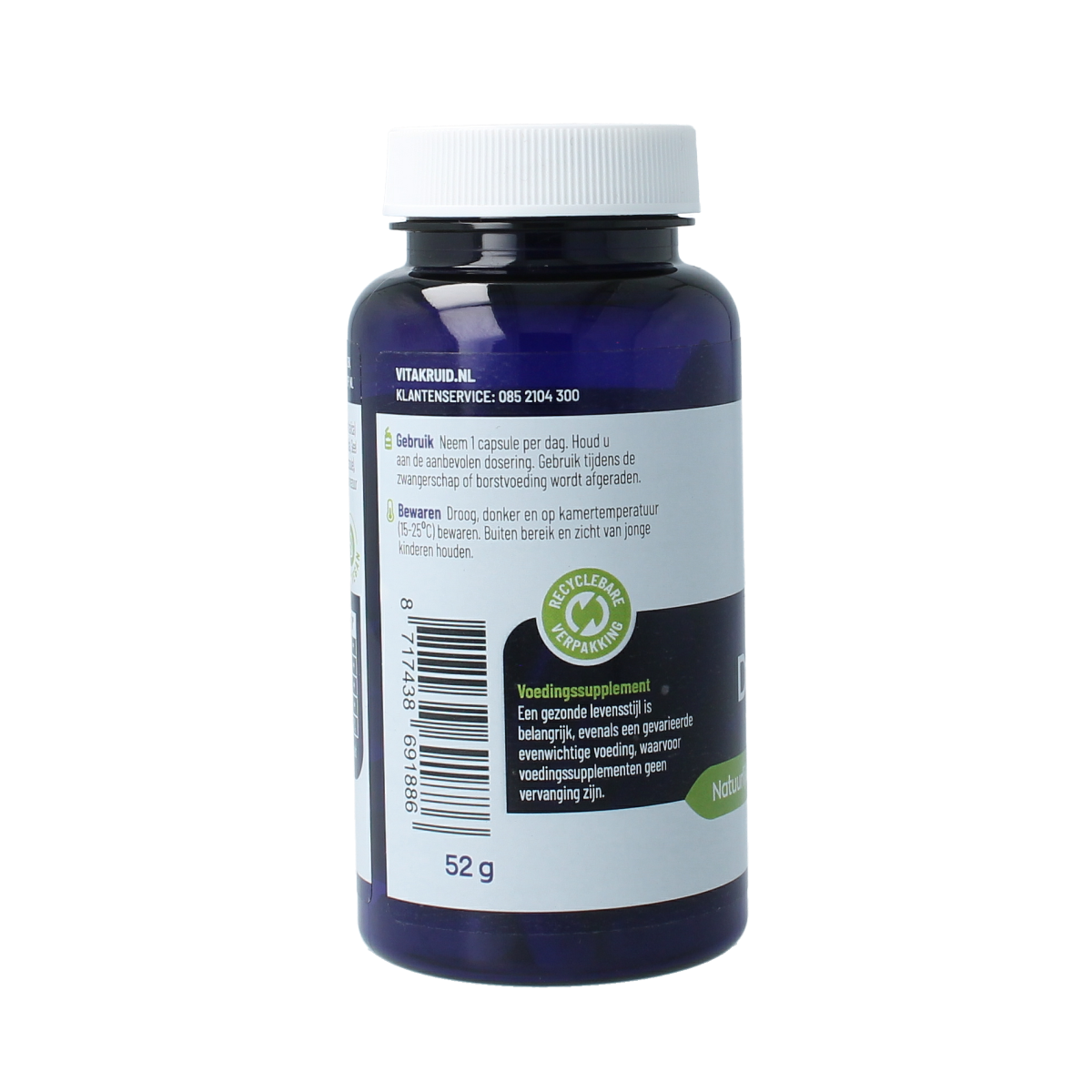 Vitakruid DIM Builder vegetarian capsules, herbal supplement for hormonal balance, in a clear bottle with capsules visible inside.
