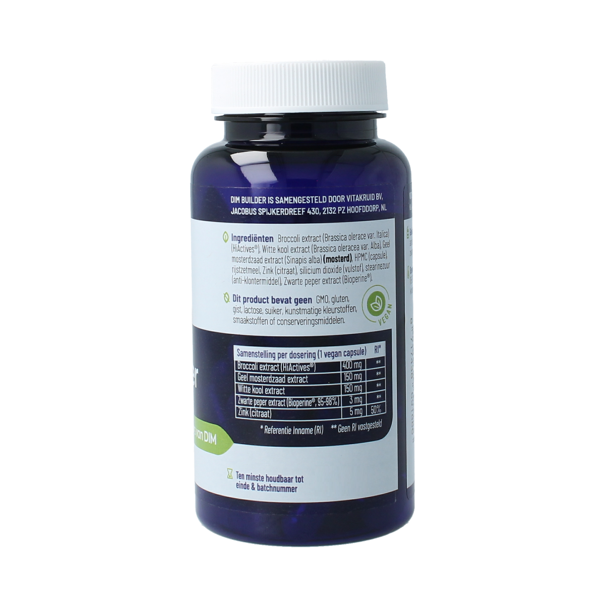 Vegetarische capsules of Vitakruid DIM Builder herbal supplement in a clear container, showcasing the product packaging.