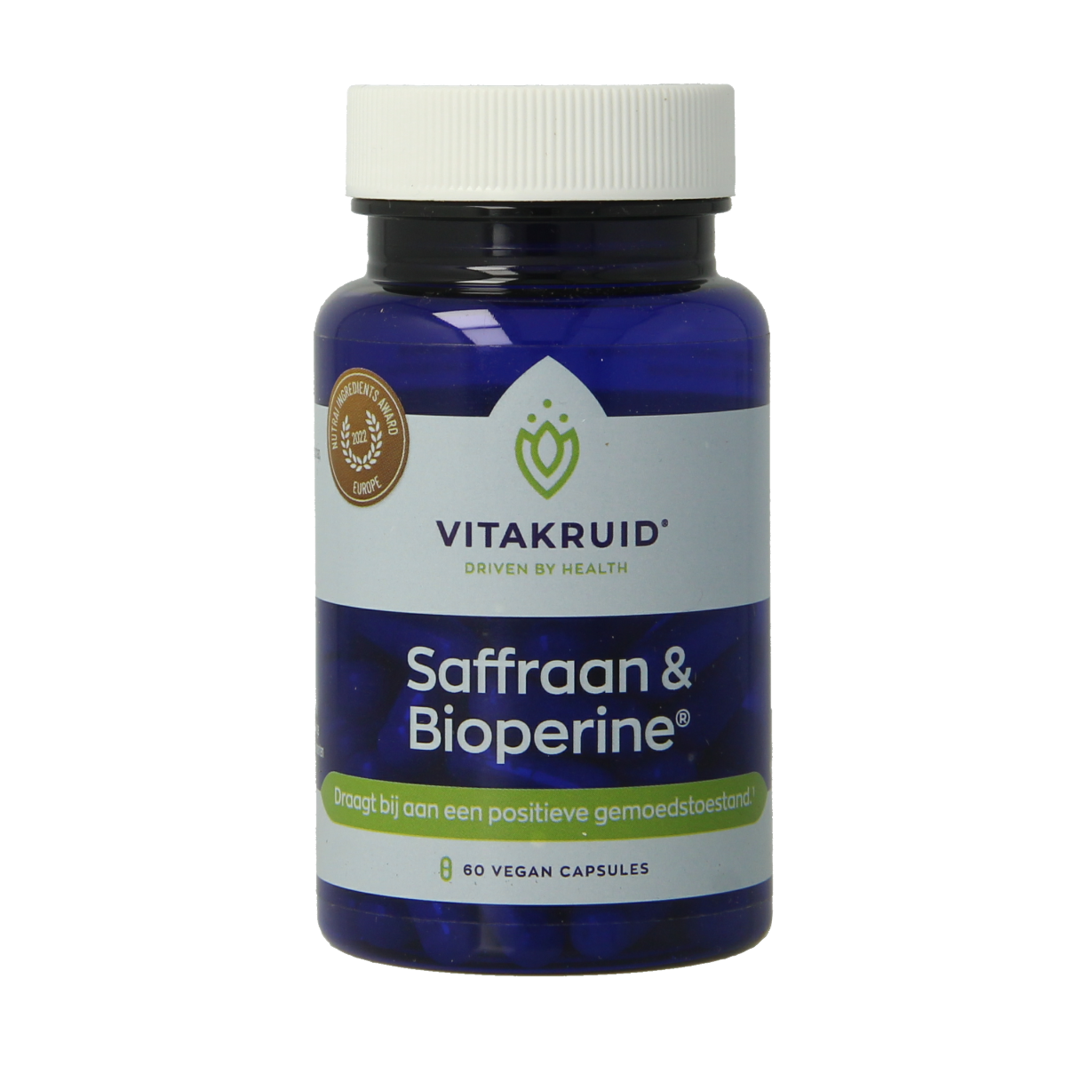 Vitakruid Saffraan 28 mg (Affron) & Bioperine vegetarian capsules, herbal supplement with saffron and black pepper extract.
