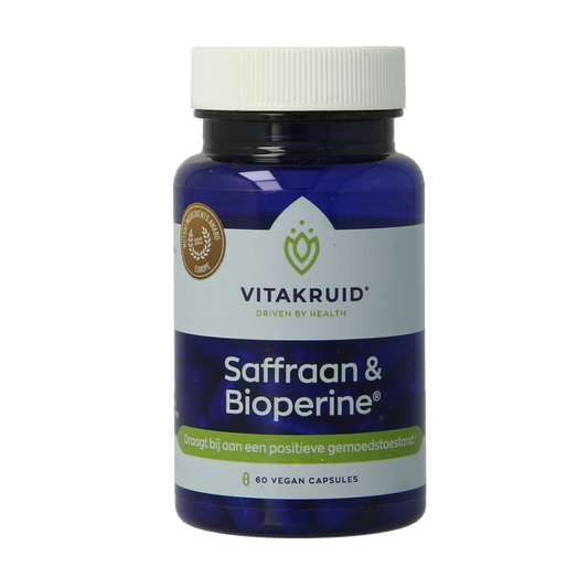 Vitakruid Saffraan 28 mg (Affron) & Bioperine vegetarian capsules, herbal supplement with saffron and black pepper extract.