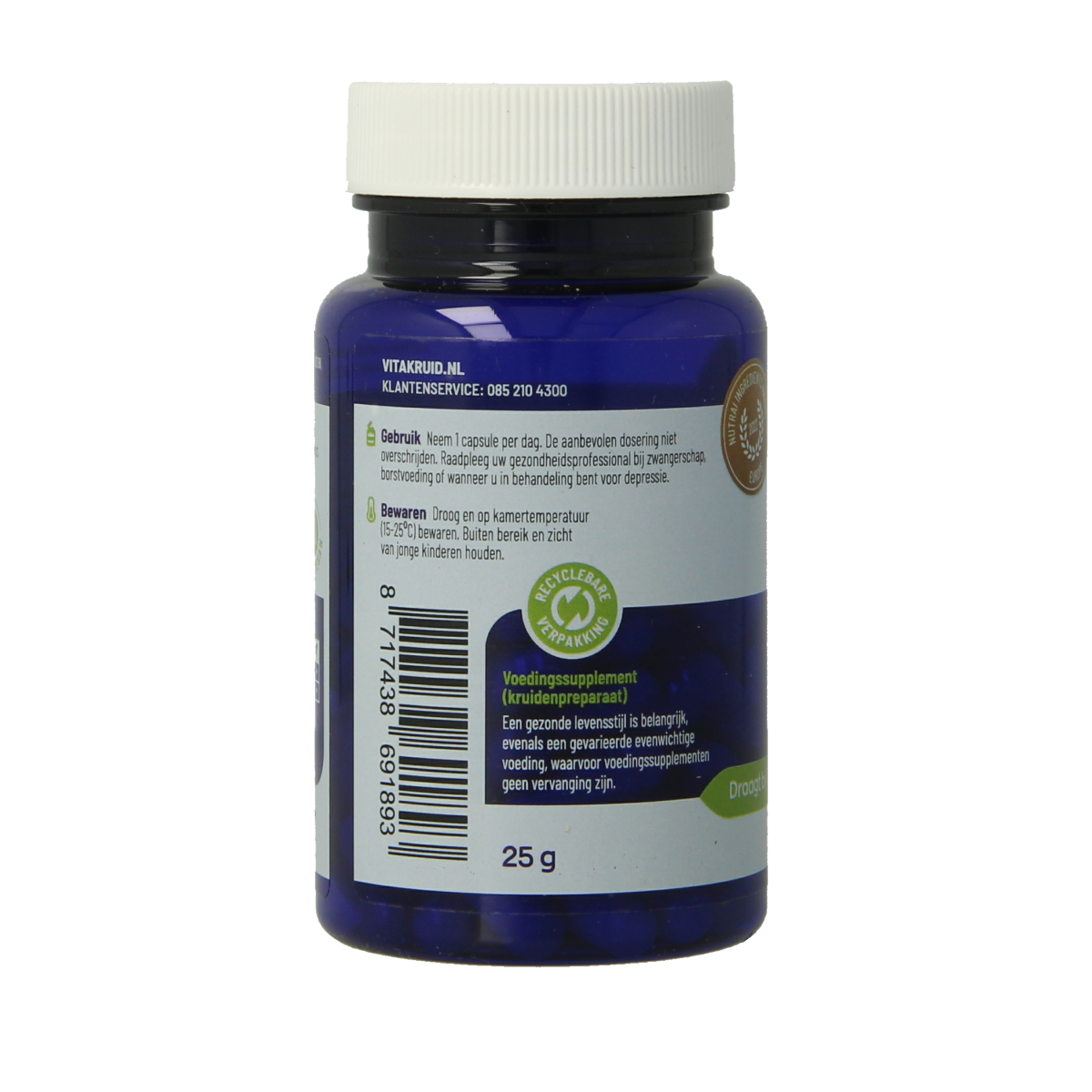Vitakruid Saffraan 28 mg (Affron) and Bioperine vegetarian capsules in a transparent bottle, showing the capsule contents.