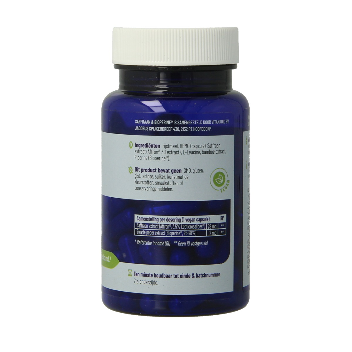 Vitakruid Saffraan 28 mg (Affron) and Bioperine vegetarian capsules, herbal supplement with saffron and black pepper extract.