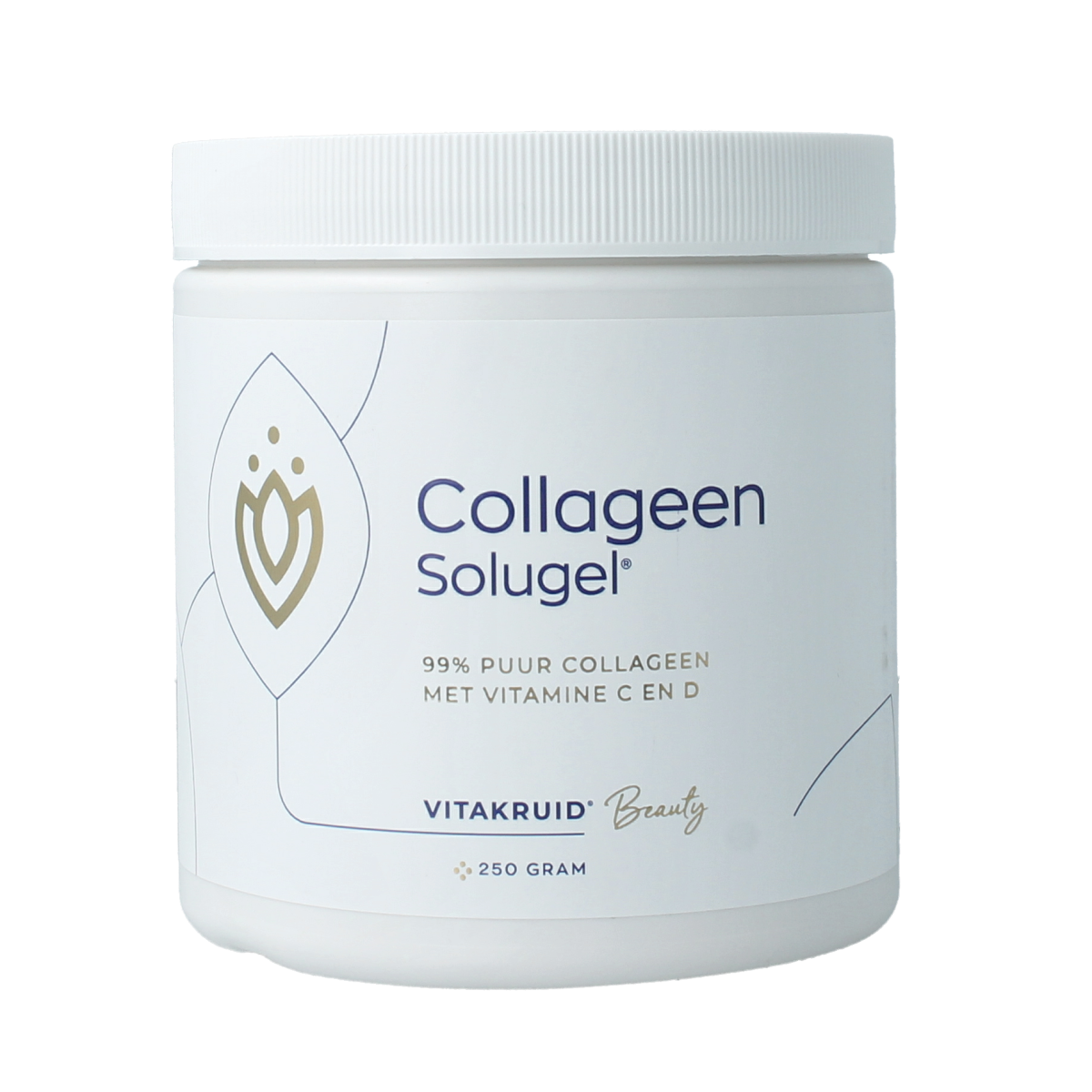 Vitakruid Collageen Solugel poeder met vitamine C & D in 250g container, herbal supplement for skin and joint health.