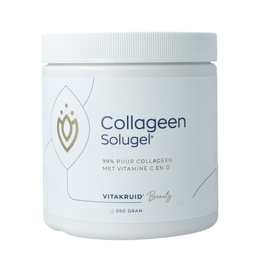Vitakruid Collageen Solugel poeder met vitamine C & D in 250g container, herbal supplement for skin and joint health.