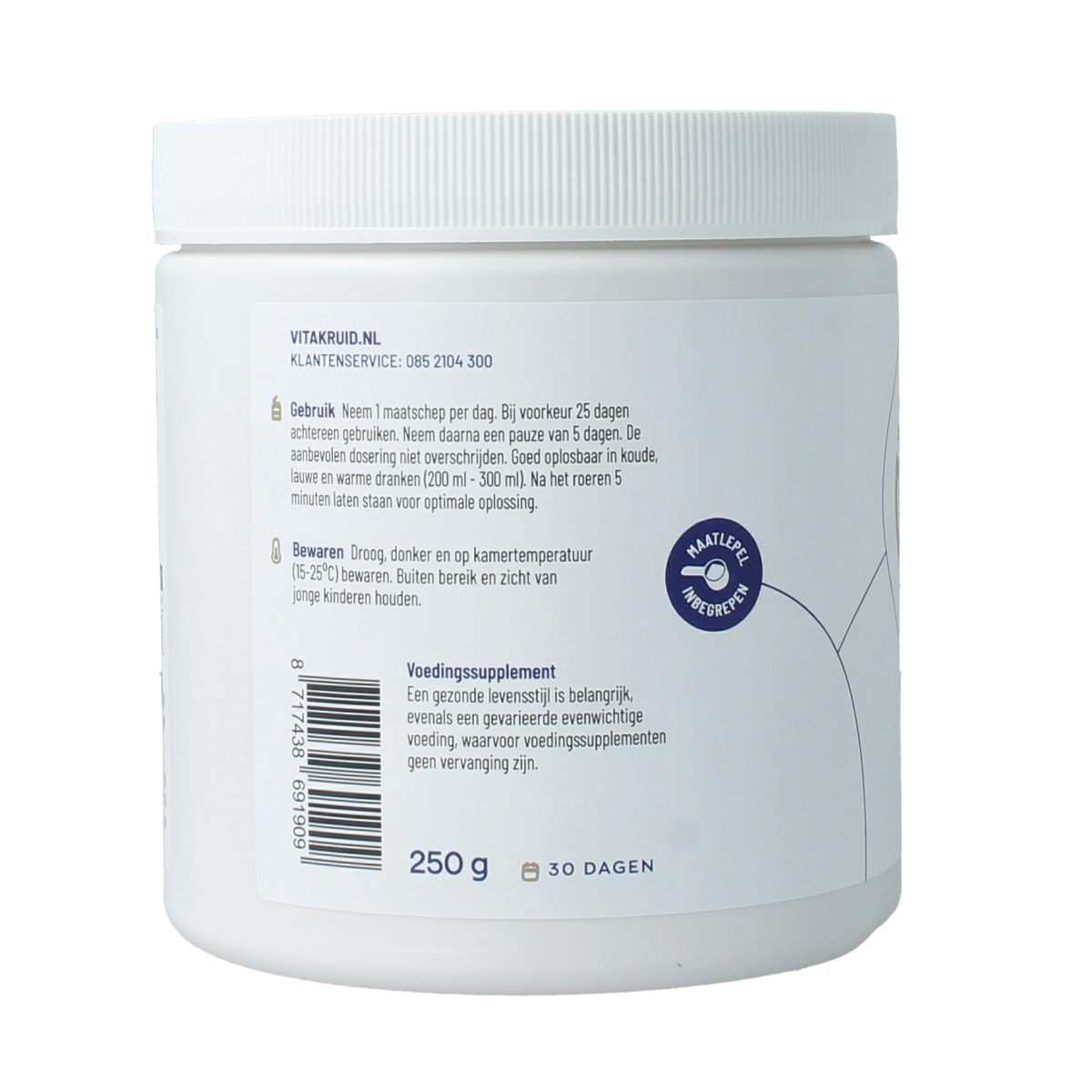 Bottle of Vitakruid Collageen Solugel powder with vitamin C and D, 250g, herbal supplement in a clear container with a scoop.