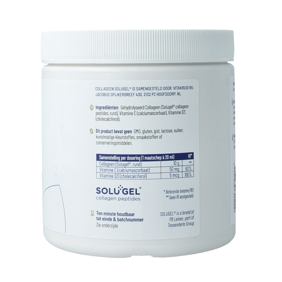 Vitakruid Collageen Solugel poeder with vitamine C & D in 250g container, herbal supplement for skin and joint health