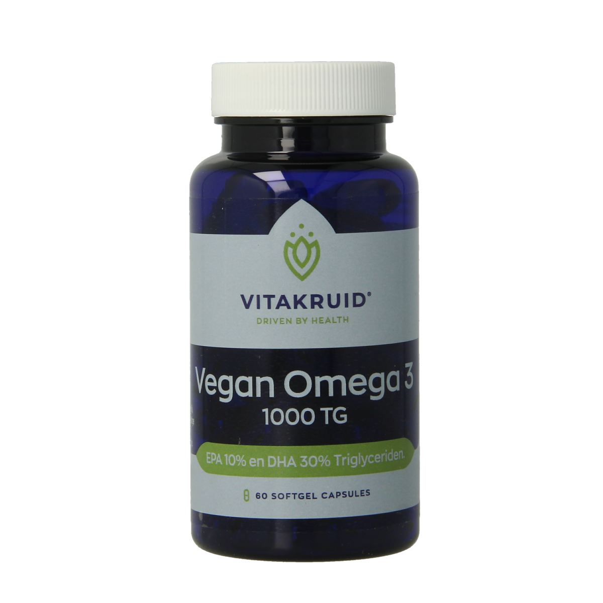 VitaKruid Vegan Omega 3 softgels with 300 DHA and 100 EPA, triglyceride form, showing softgel capsules on the label.