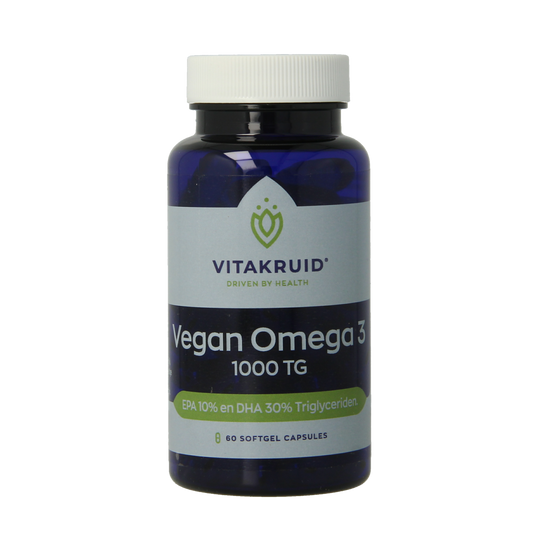 VitaKruid Vegan Omega 3 softgels with 300 DHA and 100 EPA, triglyceride form, showing softgel capsules on the label.
