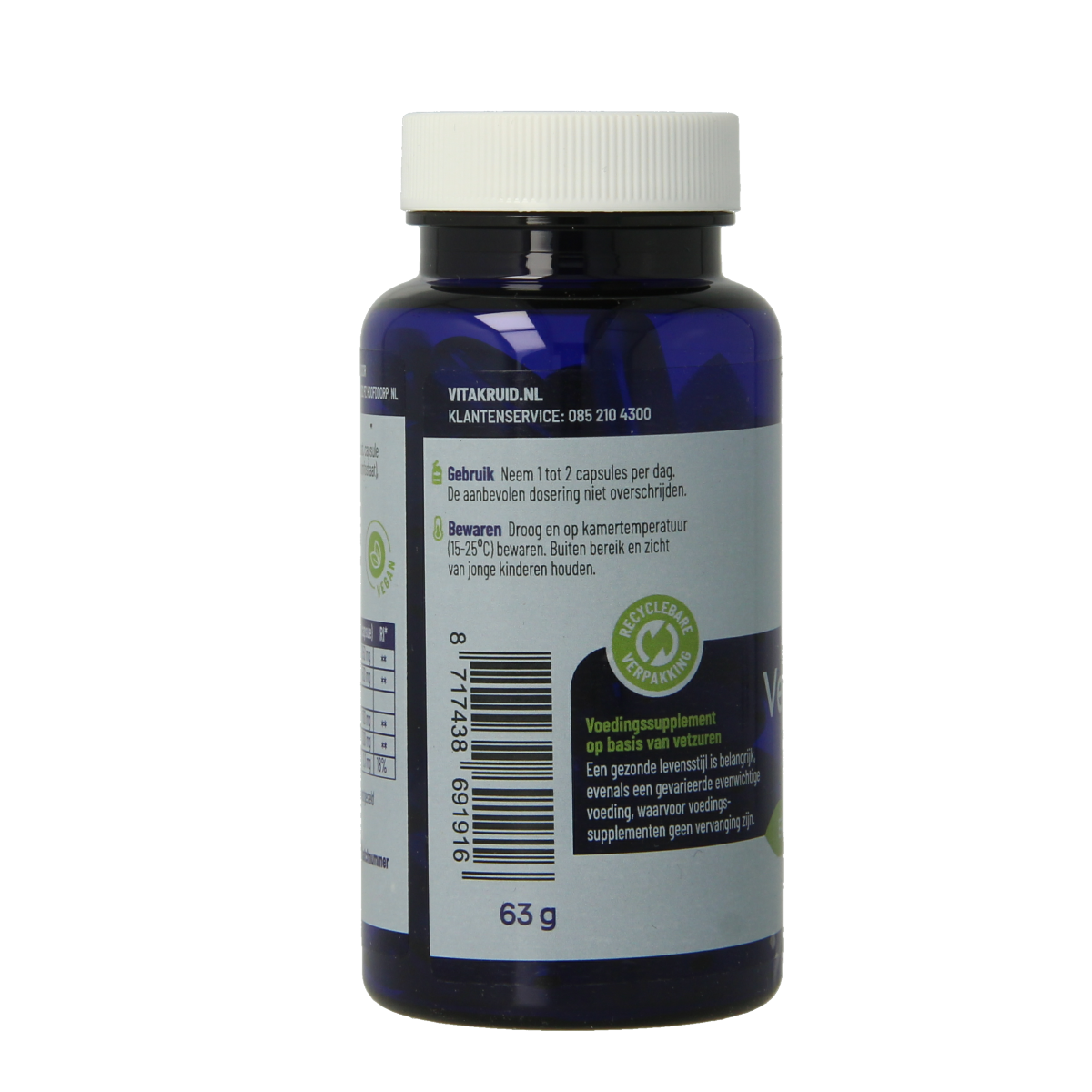 Bottle of Vitakruid Vegan Omega 3 softgels containing 300mg DHA and 100mg EPA in a clear container with a label.