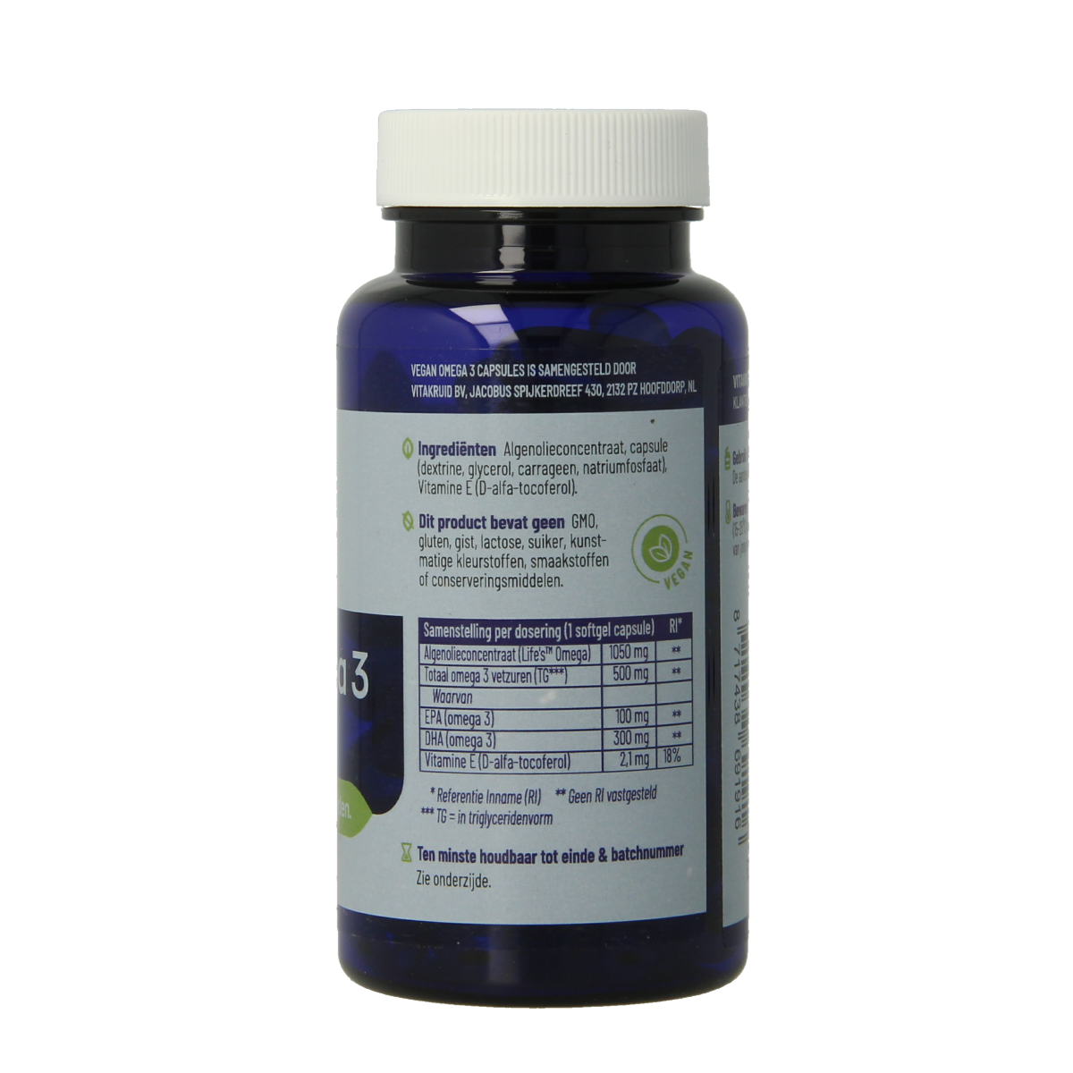 VitaKruid Vegan Omega 3 softgels with 300mg DHA and 100mg EPA, omega-3 fatty acids, in a clear bottle.