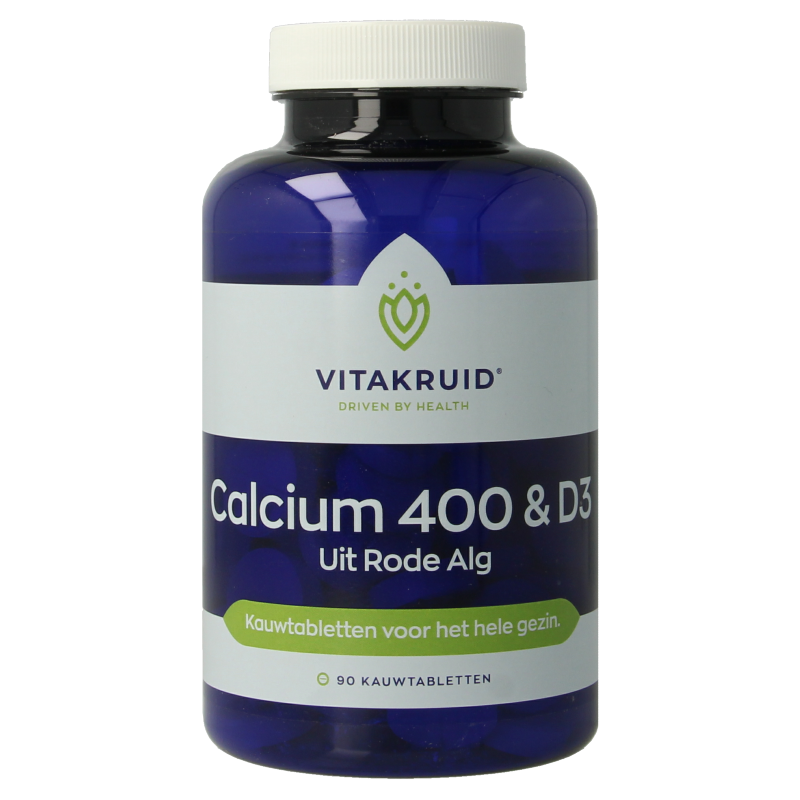 Vitakruid Calcium 400 & D3 from sustainable red algae in a bottle of 90 chewable tablets, dietary vitamin supplement.