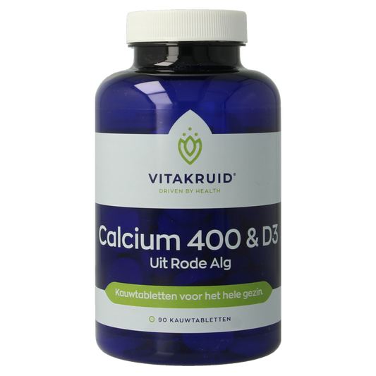 Vitakruid Calcium 400 & D3 from sustainable red algae in a bottle of 90 chewable tablets, dietary vitamin supplement.