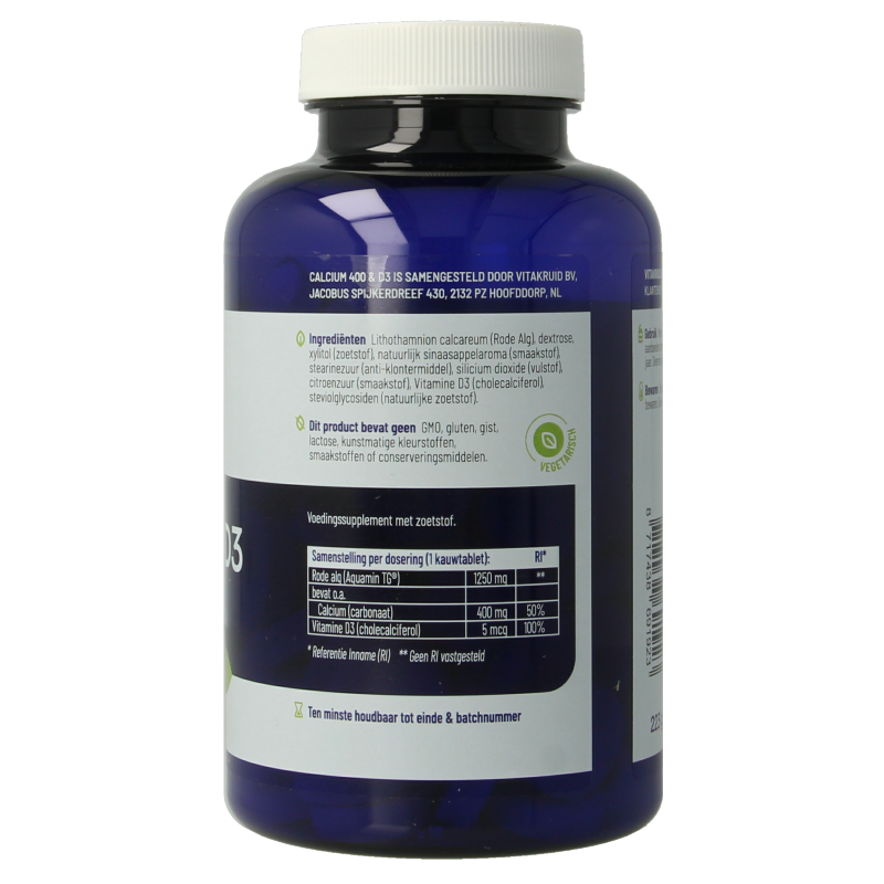 Vitakruid Calcium 400 & D3 from sustainable red algae Aquamin TG 90 chewable tablets, vitamin supplement for bone health