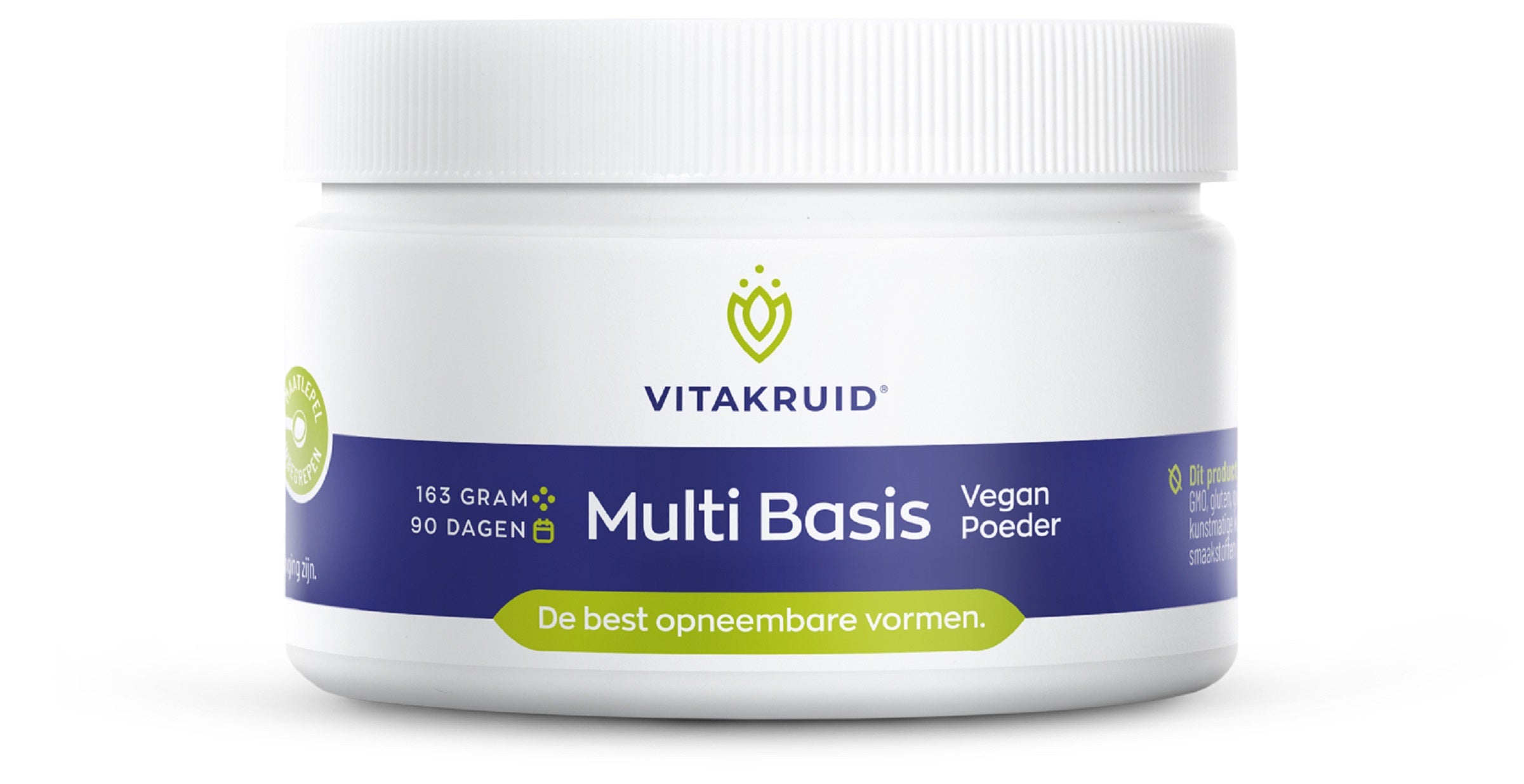VitaKruid Multi Basis Vegan powder in a 163g container, natural vitamin multivitamin supplement with colorful powder visible.
