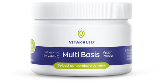 VitaKruid Multi Basis Vegan powder in a 163g container, natural vitamin multivitamin supplement with colorful powder visible.