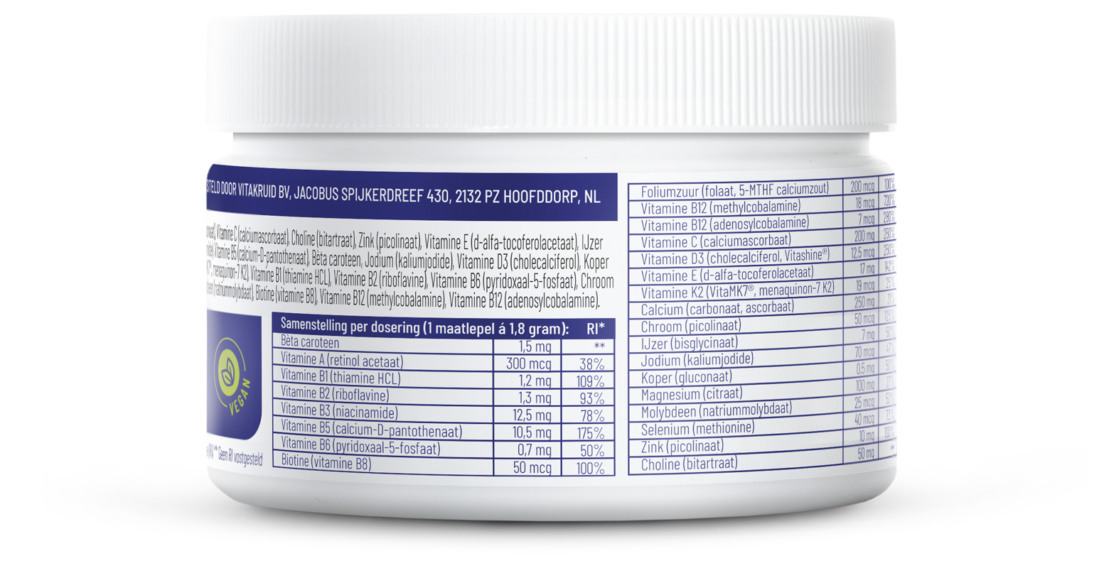 Vitamins multi basis vegan powder from Vitakruid in natural form, 163 grams, displayed in a clear container.