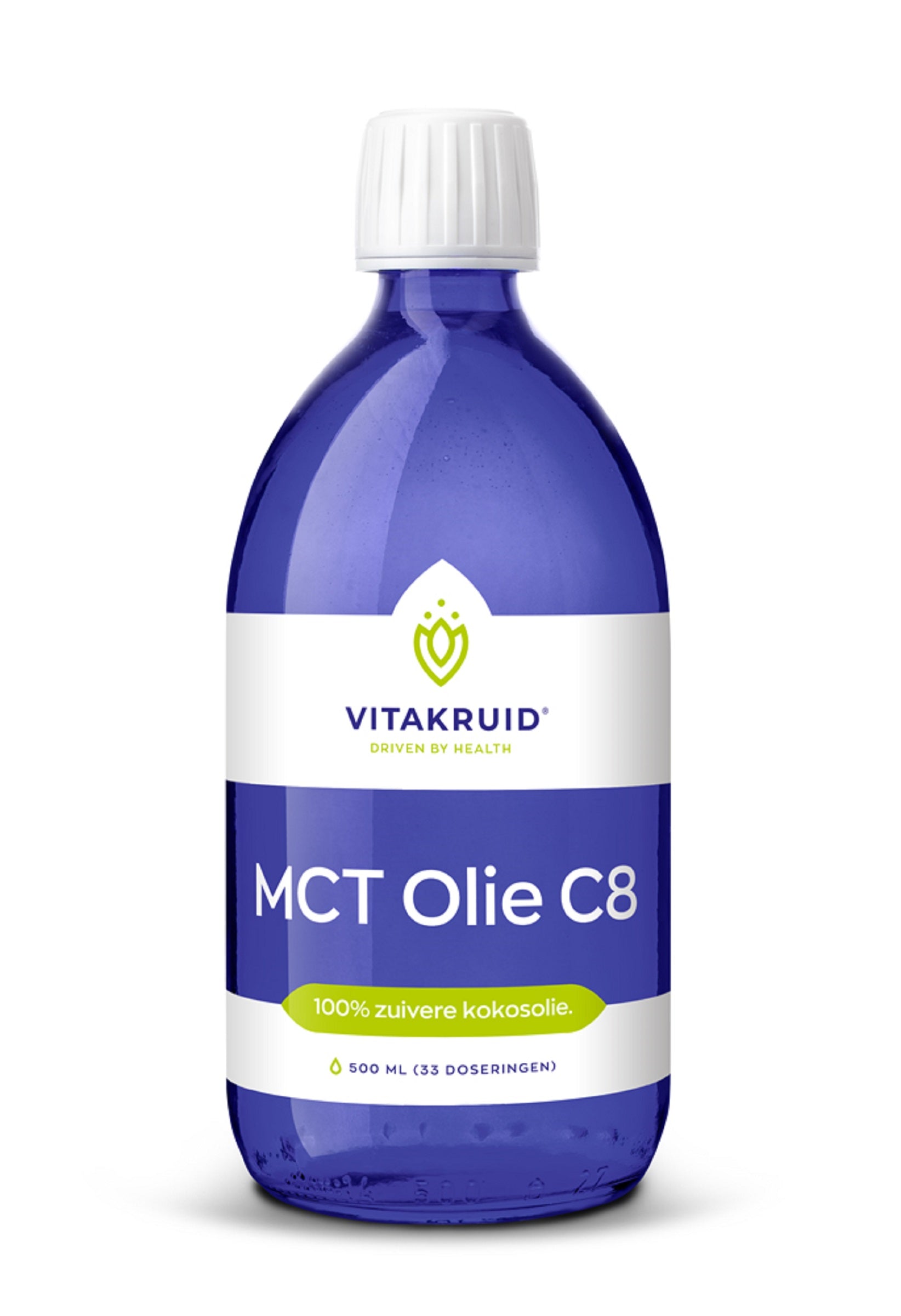 Bottle of Vitakruid MCT Olie C8 100% pure, sustainable coconut oil in a 500ml container, showing the product label.
