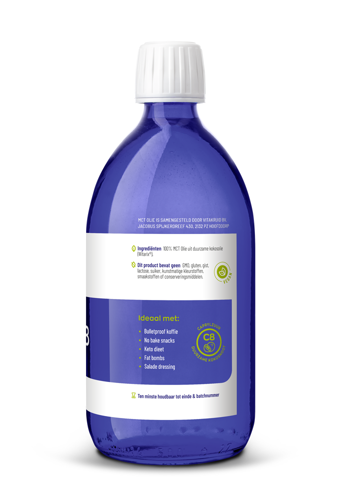 Vitakruid MCT Olie C8 in 500ml bottle, 100% pure and sustainable coconut oil, ideal for healthy fats and energy.
