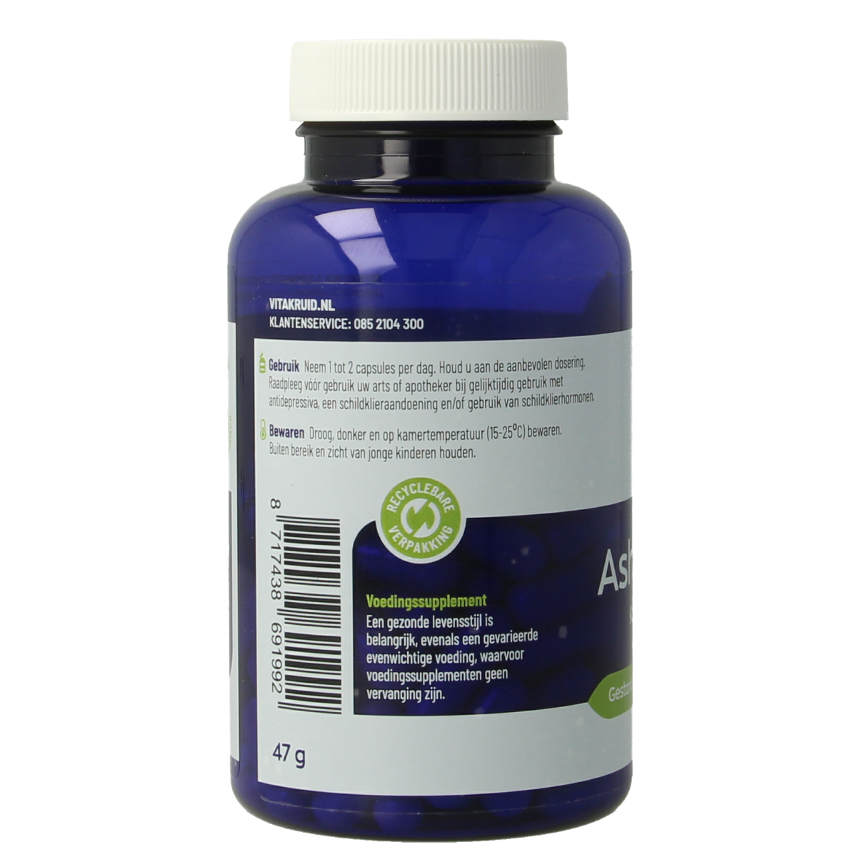 Vitakruid Ashwagandha 5% withanoliden capsules, vegetarian herbal supplement with KSM-66 and Bioperine, 90 capsules.