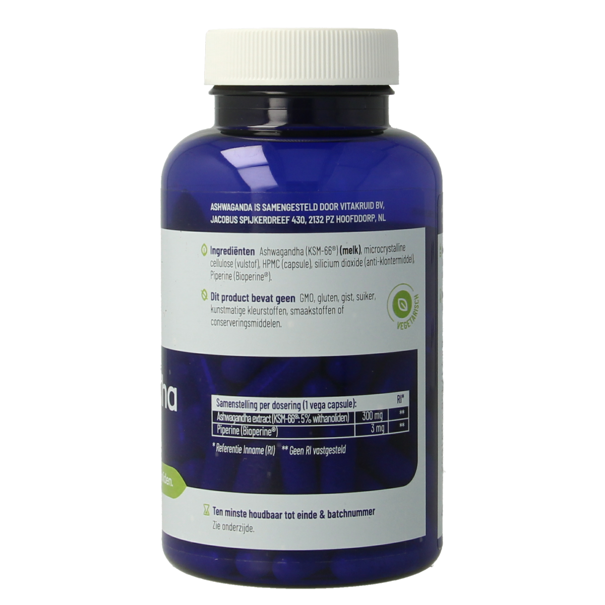 Vegetarische capsules van Vitakruid Ashwagandha 5% withanoliden, KSM-66 en Bioperine, kruidensupplement voor welzijn
