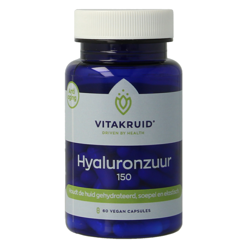 Vitakruid Hyaluronzuur 150 HyaMax with vitamin C anti-aging capsules, vegetarian dietary supplement in a bottle.