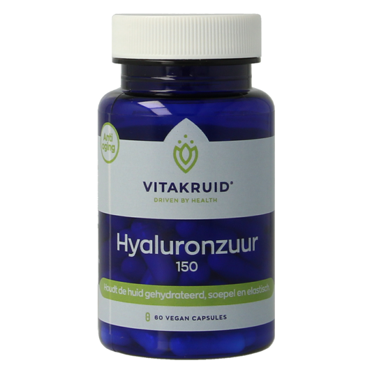 Vitakruid Hyaluronzuur 150 HyaMax with vitamin C anti-aging capsules, vegetarian dietary supplement in a bottle.