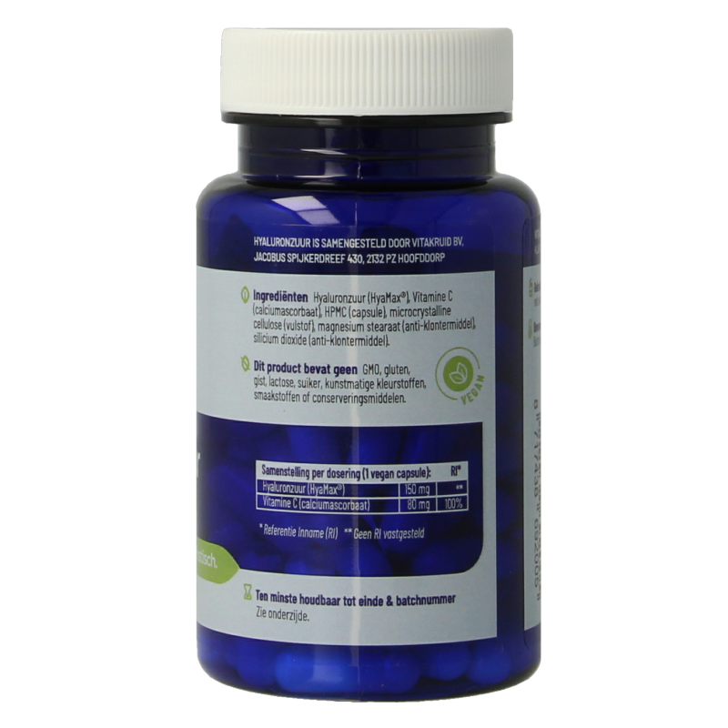 Bottle of Vitakruid Hyaluronzuur 150 HyaMax with vitamin C, vegetarian capsules for anti-aging skincare support.