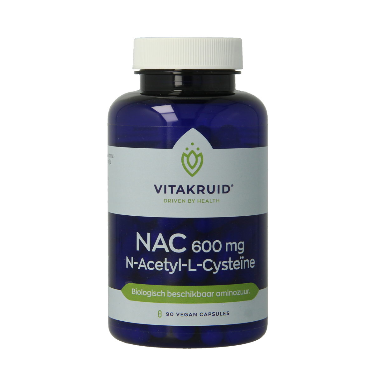 Vitakruid NAC 600 mg N-Acetyl-L-Cysteine vegetarian capsules, dietary supplement in black bottle, close-up of capsules.