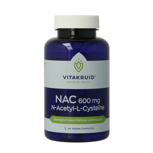 Vitakruid NAC 600 mg N-Acetyl-L-Cysteine vegetarian capsules, dietary supplement in black bottle, close-up of capsules.