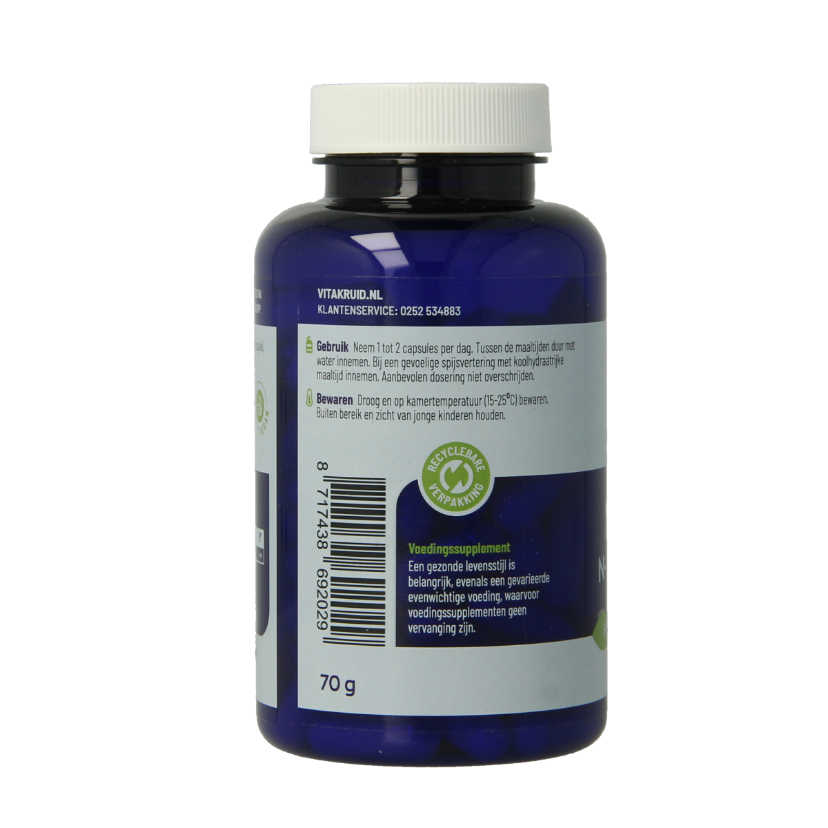 Vegetarian capsules of Vitakruid NAC 600 mg N-Acetyl-L-Cysteine supplement in a bottle with label showing product details.