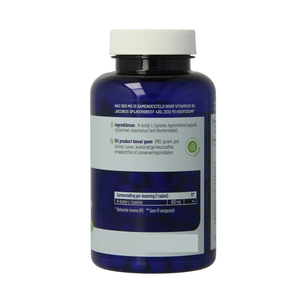 Vitakruid NAC 600 mg N-Acetyl-L-Cysteine vegetarische capsules, mineralen multi supplement in a bottle, close-up of capsules.
