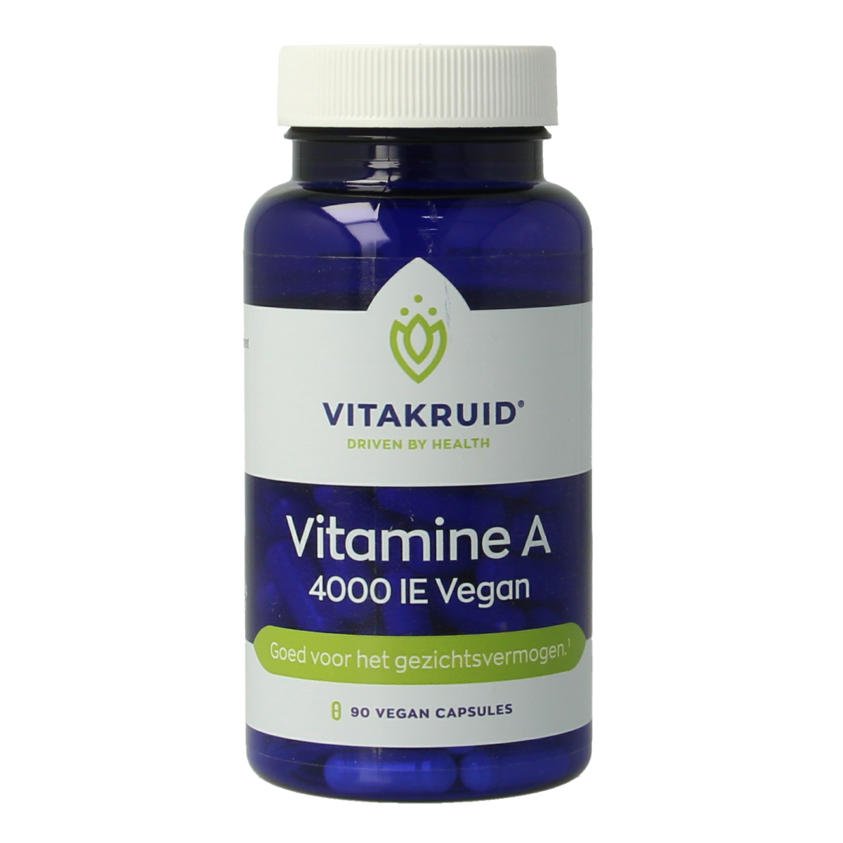 VitaKruid Vitamin A Retinol Acetaat 4000 IE vegan capsules, vegetarian supplement in a clear bottle with yellow cap.