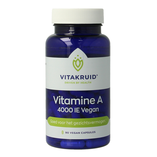 VitaKruid Vitamin A Retinol Acetaat 4000 IE vegan capsules, vegetarian supplement in a clear bottle with yellow cap.
