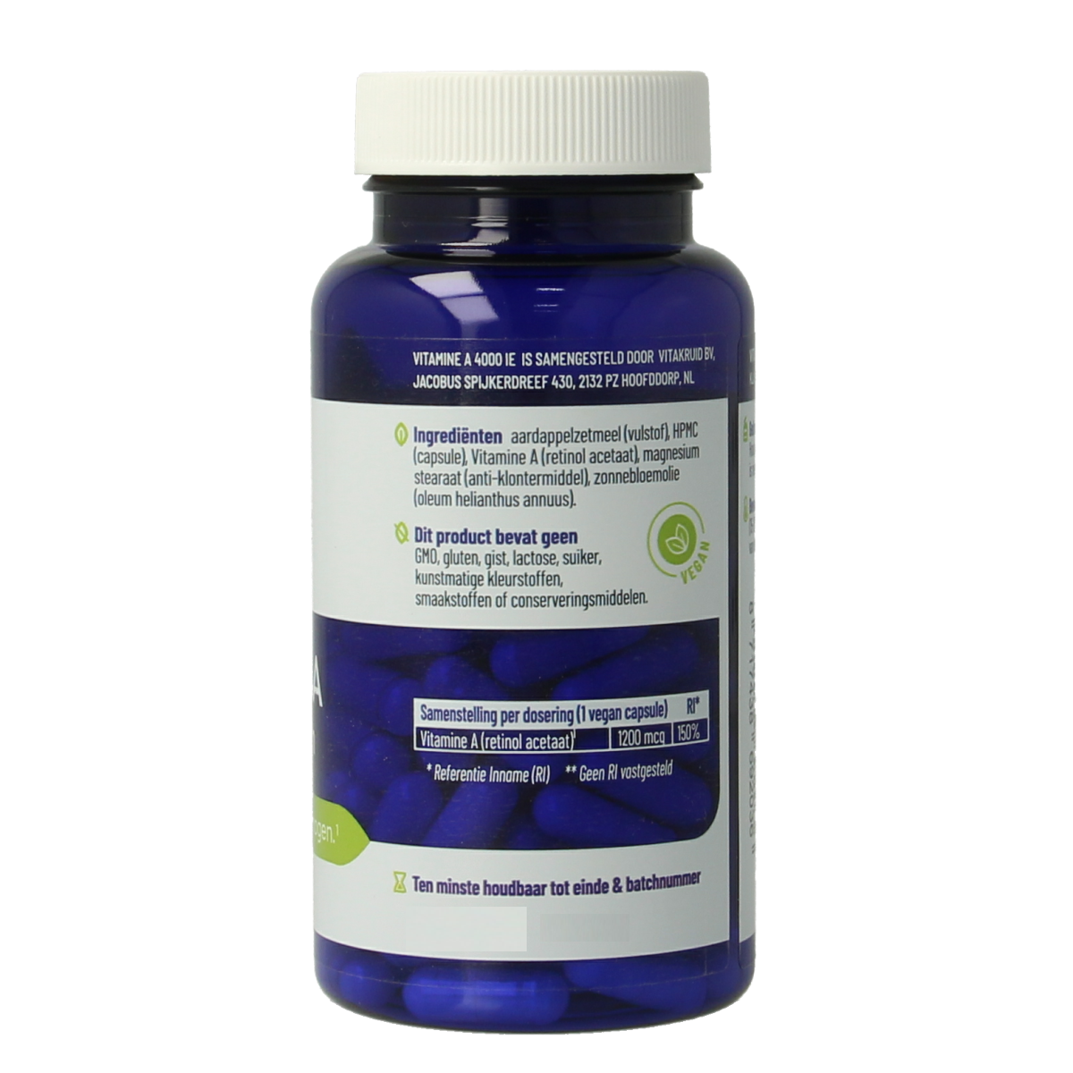 Vitaminen enkel Vitakruid Vitamine A Retinol Acetaat 4000 IE vegan vegetarische capsules, supplement in blister pack